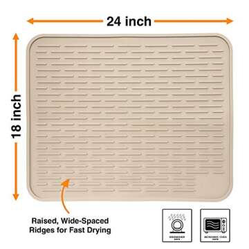 XXL Silicone Dish Drying Mat for Kitchen Counter or Under Sink, 24" x 18" Extra Large, Waterproof Pet Feeding Mat, Dog Food, Water Bowls, Under Drying Racks for Dishes, Coffee Bars, Bar Mats (Beige)
