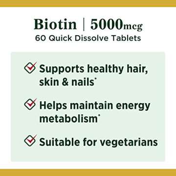 Biotin by Nature's Bounty, Vitamin Supplement, Supports Metabolism for Cellular Energy and Healthy Hair, Skin, and Nails, 5000 mcg, 60 Quick Dissolve Tablets