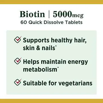 Biotin by Nature's Bounty, Vitamin Supplement, Supports Metabolism for Cellular Energy and Healthy Hair, Skin, and Nails, 5000 mcg, 60 Quick Dissolve Tablets