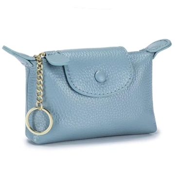 Stylish Blue Leather Coin Purse with Keychain - Compact & Fashionable