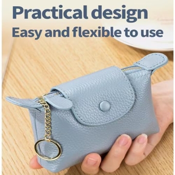 Blue Leather Coin Purse with Keychain - Fashionable & Compact