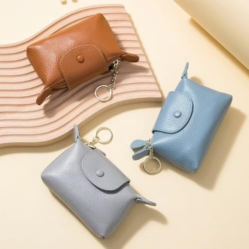 Blue Leather Coin Purse with Keychain - Fashionable & Compact