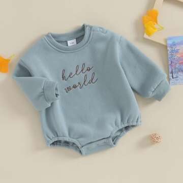 VISGOGO Newborn Infant Baby Boy Girls Oversized Romper Bodysuit Long Sleeve Outfit Clothes (Hello world-Blue,0-3 Months)