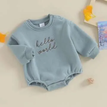 VISGOGO Newborn Infant Baby Boy Girls Oversized Romper Bodysuit Long Sleeve Outfit Clothes (Hello world-Blue,0-3 Months)