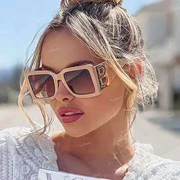 SeeBand Fashion Oversized Square Sunglasses for Women Men Trendy Black Thick Frame Luxury Designer Big Sun Glasses UV400 (Black/Black+ Beige)