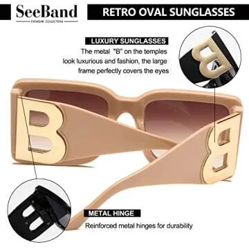 SeeBand Fashion Oversized Square Sunglasses for Women Men Trendy Black Thick Frame Luxury Designer Big Sun Glasses UV400 (Black/Black+ Beige)