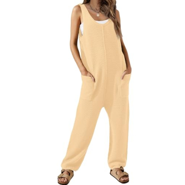 WIHOLL Womens Casual Loose Knit Jumpsuits Sleeveless V Neck Romper with Pocket and Long Pants Overalls
