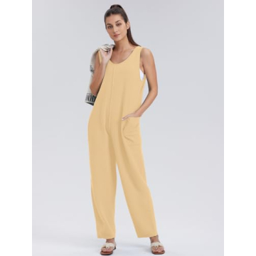 WIHOLL Womens Casual Loose Knit Jumpsuits Sleeveless V Neck Romper with Pocket and Long Pants Overalls