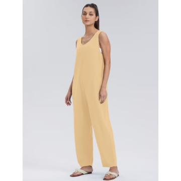 WIHOLL Womens Casual Loose Knit Jumpsuits Sleeveless V Neck Romper with Pocket and Long Pants Overalls