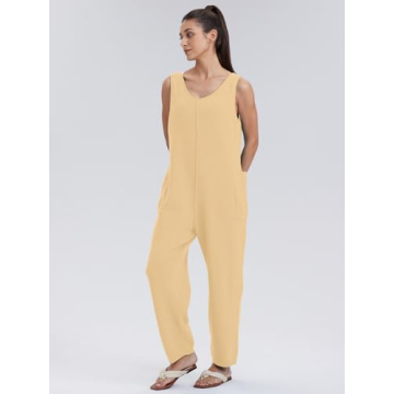 WIHOLL Womens Casual Loose Knit Jumpsuits Sleeveless V Neck Romper with Pocket and Long Pants Overalls