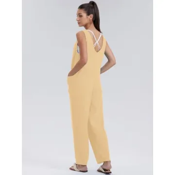 WIHOLL Womens Casual Loose Knit Jumpsuits Sleeveless V Neck Romper with Pocket and Long Pants Overalls