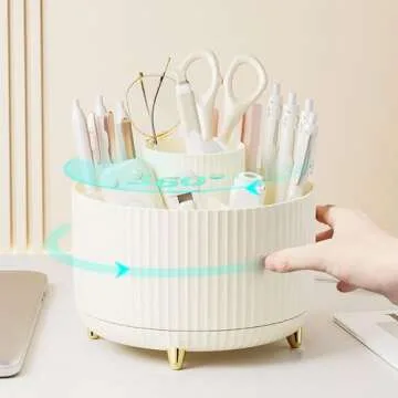 Gold Desk Organizers and Accessories 7Pcs Set with 360-Degree Rotating Pen Holder, Acrylic Stapler, Tape Holder, Staple Remover, Binder/Paper Clips Kit, Scissor and 1 Box of Staples (Gold)