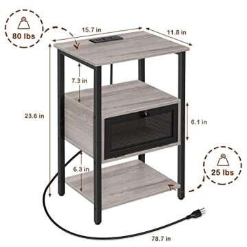 OYEAL Nightstand with Charging Station End Table with Drawer Sofa Side Table with USB Ports and Outlets Narrow Bedside Table for Bedroom Living Room Small Space, Grey