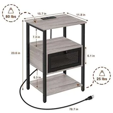 OYEAL Nightstand with Charging Station End Table with Drawer Sofa Side Table with USB Ports and Outlets Narrow Bedside Table for Bedroom Living Room Small Space, Grey