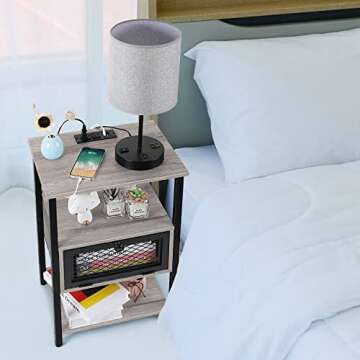 OYEAL Nightstand with Charging Station End Table with Drawer Sofa Side Table with USB Ports and Outlets Narrow Bedside Table for Bedroom Living Room Small Space, Grey