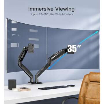 HUANUO 13-35 inch Dual Monitor Arm for 2 Ultrawide Screens, Height Adjustable Full Motion Dual Monit...