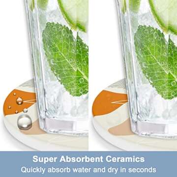 Nipichsha Car Coasters for Cup Holders, 2 Pack Absorbent Ceramic Car Cup Holder Coaster for Drinks, Cute Auto Assecories for Women Men, Size 2.56 in with Finger Notch & Cork Base, Abstract Boho Leaf