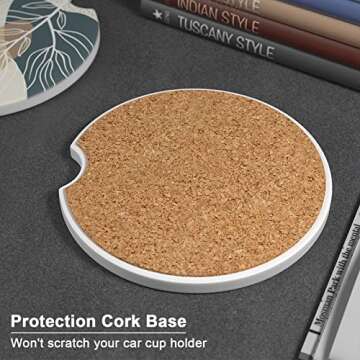 Nipichsha Car Coasters for Cup Holders, 2 Pack Absorbent Ceramic Car Cup Holder Coaster for Drinks, Cute Auto Assecories for Women Men, Size 2.56 in with Finger Notch & Cork Base, Abstract Boho Leaf