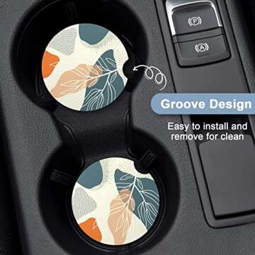 Nipichsha Car Coasters for Cup Holders, 2 Pack Absorbent Ceramic Car Cup Holder Coaster for Drinks, Cute Auto Assecories for Women Men, Size 2.56 in with Finger Notch & Cork Base, Abstract Boho Leaf