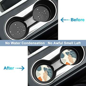 Nipichsha Car Coasters for Cup Holders, 2 Pack Absorbent Ceramic Car Cup Holder Coaster for Drinks, Cute Auto Assecories for Women Men, Size 2.56 in with Finger Notch & Cork Base, Abstract Boho Leaf