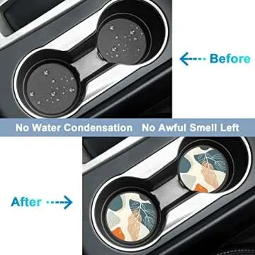 Nipichsha Car Coasters for Cup Holders, 2 Pack Absorbent Ceramic Car Cup Holder Coaster for Drinks, Cute Auto Assecories for Women Men, Size 2.56 in with Finger Notch & Cork Base, Abstract Boho Leaf