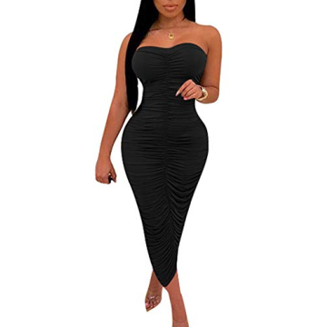 BEAGIMEG Women's Sexy Ruched Strapless Bodycon Maxi Dress