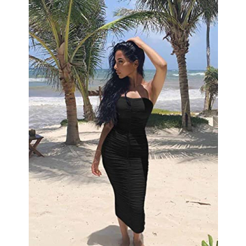 BEAGIMEG Women's Sexy Ruched Strapless Bodycon Maxi Dress