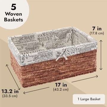 Juvale 5-Pack Rectangle Wicker Storage Baskets for Organizing Shelves, Bathroom and Laundry - 3 Sizes Small Woven Set