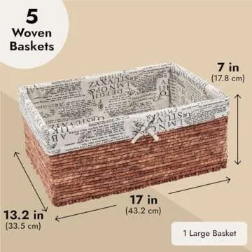 Juvale 5-Pack Rectangle Wicker Storage Baskets for Organizing Shelves, Bathroom and Laundry - 3 Sizes Small Woven Set