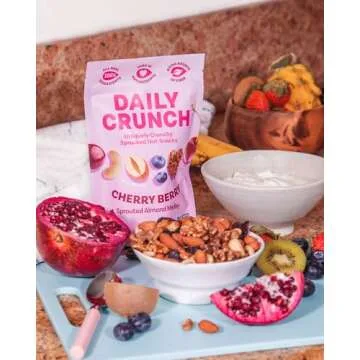 Daily Crunch Sprouted Almonds, 5 Ounce Resealable Bags (Family Pack, 5 Pack) (Packaging May Vary, Contains: Original Sprouted, Cherry Berry, Turmeric and Sea Salt, Nashville Hot, Cacao and Sea Salt