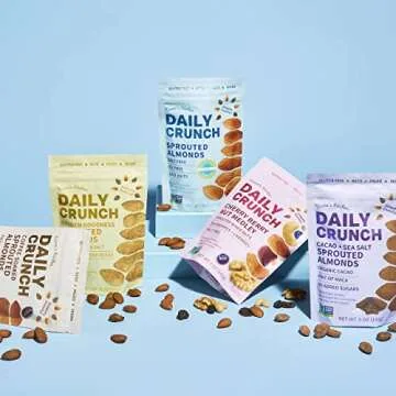 Daily Crunch Sprouted Almonds, 5 Ounce Resealable Bags (Family Pack, 5 Pack) (Packaging May Vary, Contains: Original Sprouted, Cherry Berry, Turmeric and Sea Salt, Nashville Hot, Cacao and Sea Salt