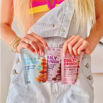 Daily Crunch Sprouted Almonds, 5 Ounce Resealable Bags (Family Pack, 5 Pack) (Packaging May Vary, Contains: Original Sprouted, Cherry Berry, Turmeric and Sea Salt, Nashville Hot, Cacao and Sea Salt