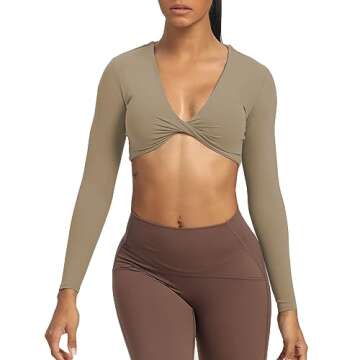 Aoxjox Long Sleeve Crop Tops for Women Sienna Twist Deep V Workout Cropped T Shirt Top (Taupe, X-Small)