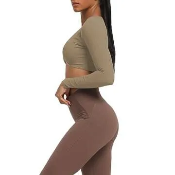 Aoxjox Long Sleeve Crop Tops for Women Sienna Twist Deep V Workout Cropped T Shirt Top (Taupe, X-Small)