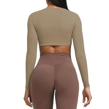 Aoxjox Long Sleeve Crop Tops for Women Sienna Twist Deep V Workout Cropped T Shirt Top (Taupe, X-Small)