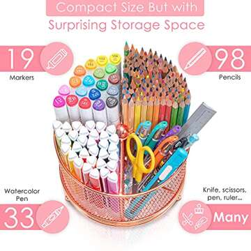 Varhomax Pencil Holder Rose Gold, 360° Rotating Desk Organizer and Makeup Brush Pen Holder for Home Office Supplies, 4 Compartments Mesh Organizer with Large Storage Capacity