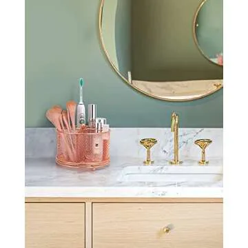 Varhomax Pencil Holder Rose Gold, 360° Rotating Desk Organizer and Makeup Brush Pen Holder for Home Office Supplies, 4 Compartments Mesh Organizer with Large Storage Capacity