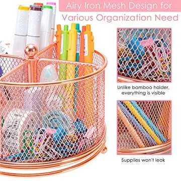 Varhomax Pencil Holder Rose Gold, 360° Rotating Desk Organizer and Makeup Brush Pen Holder for Home Office Supplies, 4 Compartments Mesh Organizer with Large Storage Capacity