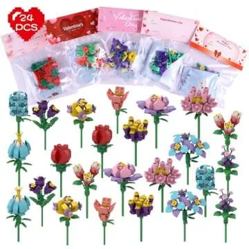 AT-DRESSINGDAY 24 Pack Valentines Day Gifts for Kids Valentines Rose Flower Building Blocks Set with Card Classroom Exchange Prize Party Favor Blocks for Boys and Girls