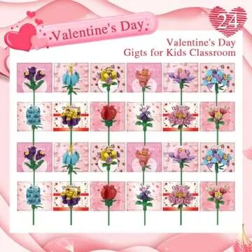 AT-DRESSINGDAY 24 Pack Valentines Day Gifts for Kids Valentines Rose Flower Building Blocks Set with Card Classroom Exchange Prize Party Favor Blocks for Boys and Girls