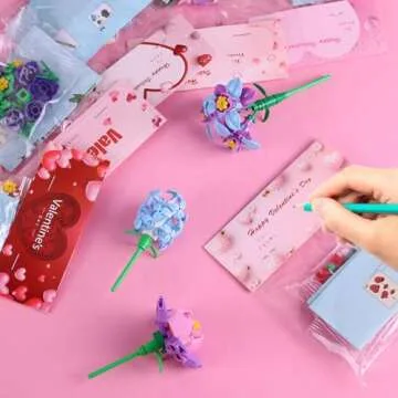 AT-DRESSINGDAY 24 Pack Valentines Day Gifts for Kids Valentines Rose Flower Building Blocks Set with Card Classroom Exchange Prize Party Favor Blocks for Boys and Girls
