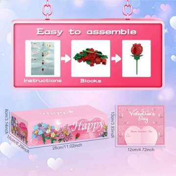 AT-DRESSINGDAY 24 Pack Valentines Day Gifts for Kids Valentines Rose Flower Building Blocks Set with Card Classroom Exchange Prize Party Favor Blocks for Boys and Girls
