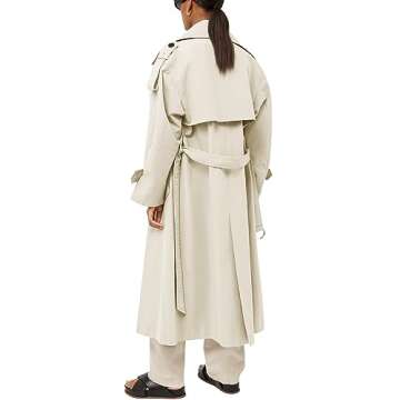 Farktop Womens Oversized Long Trench Coat Double Breasted Lapel Windproof Overcoat with Belt
