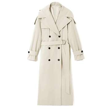 Farktop Womens Oversized Long Trench Coat Double Breasted Lapel Windproof Overcoat with Belt