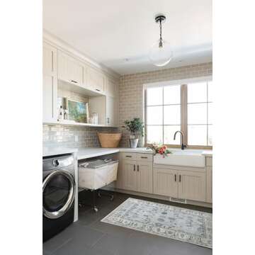 Cream Blue Oushak Rug, Modern Small Rugs, Vintage, Turkish, Eclectic, Floral, Pastel, Washable, Door...