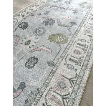 Cream Blue Oushak Rug, Modern Small Rugs, Vintage, Turkish, Eclectic, Floral, Pastel, Washable, Door Mat, Doormat for Indoor Entrance, Entryway, Kitchen, Bathroom, Bedroom, Laundry, 2'x3'