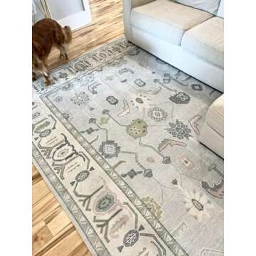 Cream Blue Oushak Rug, Modern Small Rugs, Vintage, Turkish, Eclectic, Floral, Pastel, Washable, Door Mat, Doormat for Indoor Entrance, Entryway, Kitchen, Bathroom, Bedroom, Laundry, 2'x3'