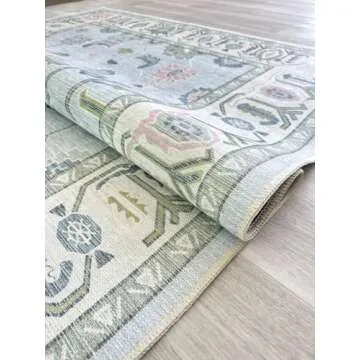 Cream Blue Oushak Rug, Modern Small Rugs, Vintage, Turkish, Eclectic, Floral, Pastel, Washable, Door Mat, Doormat for Indoor Entrance, Entryway, Kitchen, Bathroom, Bedroom, Laundry, 2'x3'
