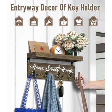 buways Wall-Mounted Key and Mail Holder, Wooden Key Rack with 4 Double Key Hooks, Rustic Home Decor for Entryway