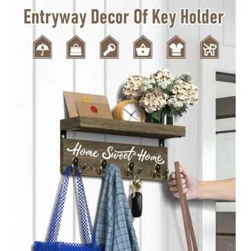 buways Wall-Mounted Key and Mail Holder, Wooden Key Rack with 4 Double Key Hooks, Rustic Home Decor for Entryway